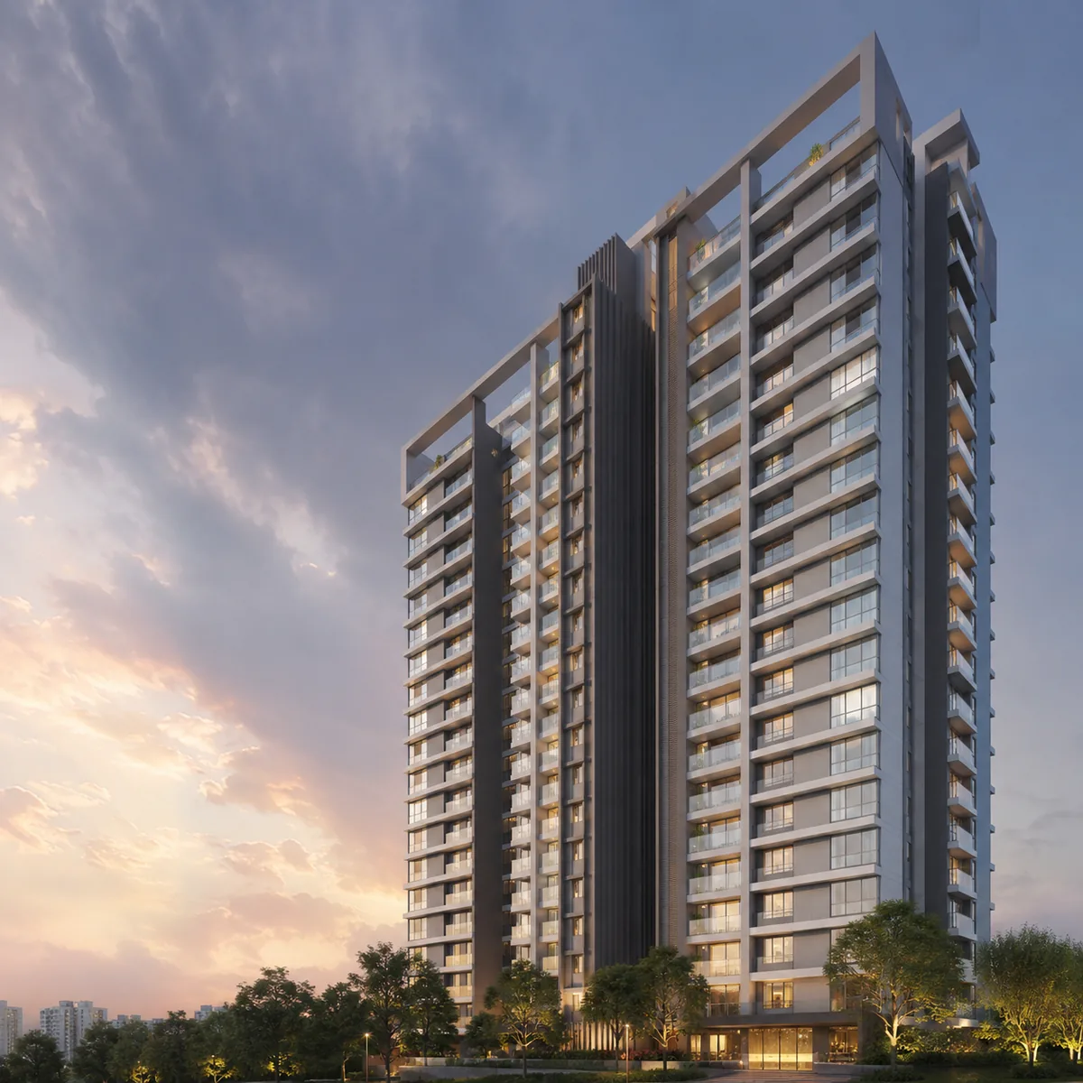Lodha Hoskote high-rise tower over the landscaped arrival court Lodha Hoskote high-rise tower over the landscaped arrival court