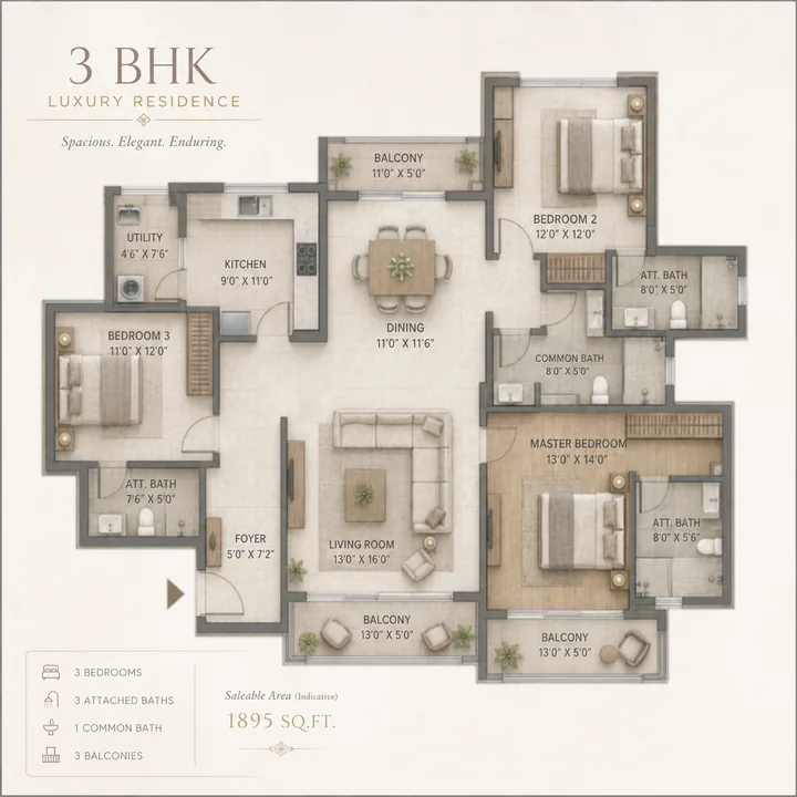 Lodha Hoskote 3 BHK floor plan layout